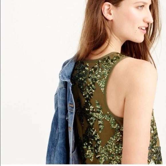 NWT J. Crew Cotton, Olive Green, Iridescent Sequin Tank Top, Scoop Neck, Size 00 - Picture 13 of 14